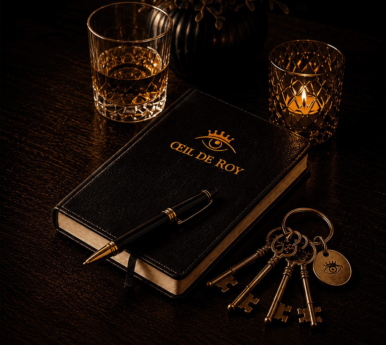 Carnet Œil de Roy, stylo et clés sur une surface en bois sombre